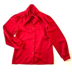 Vintage Retro Bright Red Shiny Tie Neck Button Down Blouse Top
